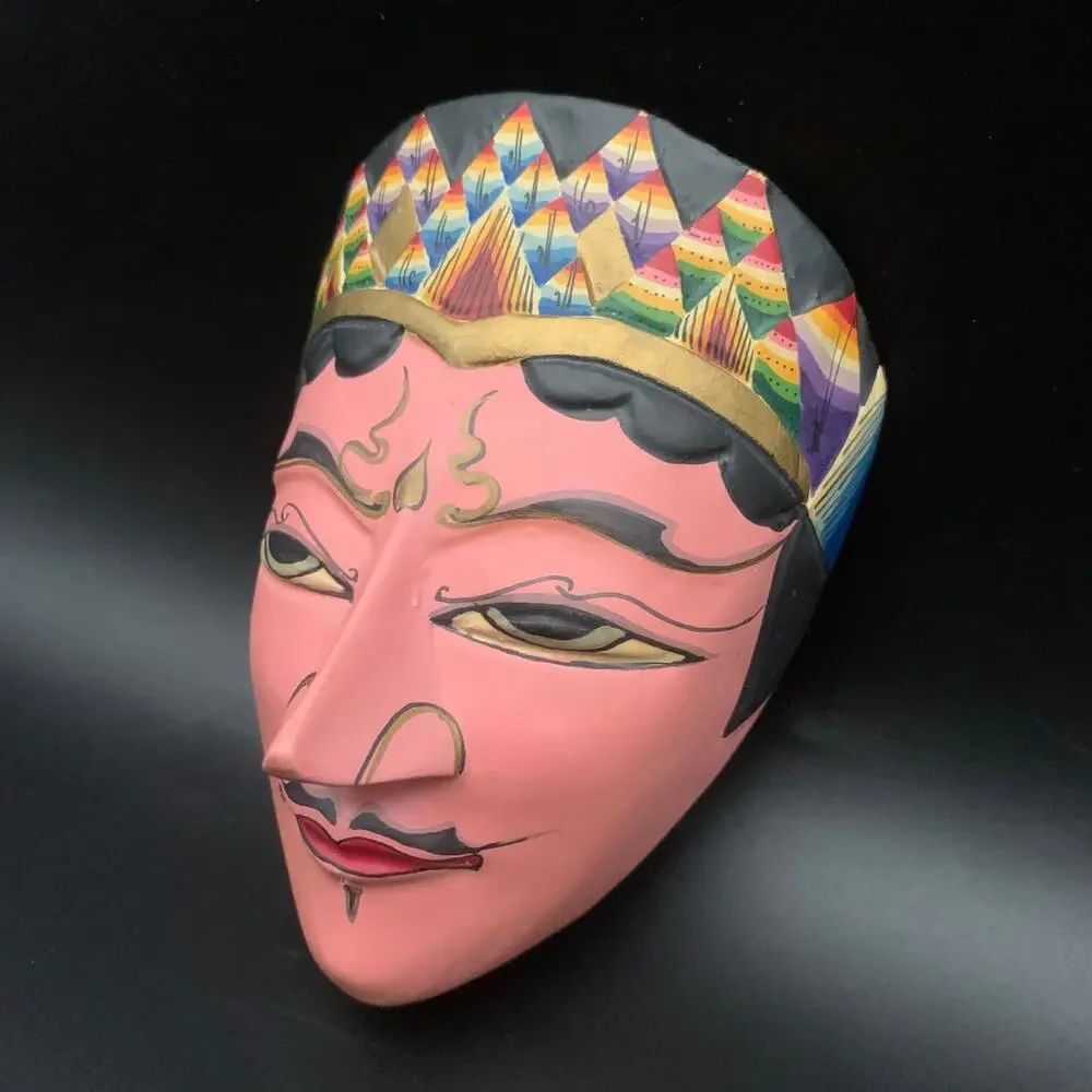 Vintage Indonesian Hand Carved Wood Pink Face Mask Wall Hanging Hand Painted
